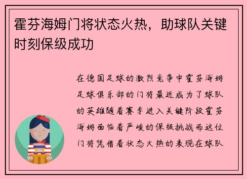 霍芬海姆门将状态火热，助球队关键时刻保级成功